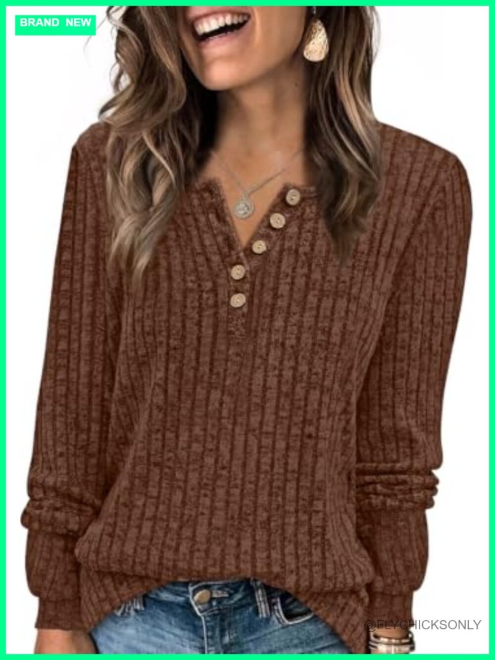 Women's Lightweight Button Front Henley Sweater Long Sleeve Tunic Top